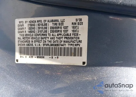 2008 Honda Odyssey Ex-L z USA, uszkodzony, nr VIN 5FNRL38638B074471